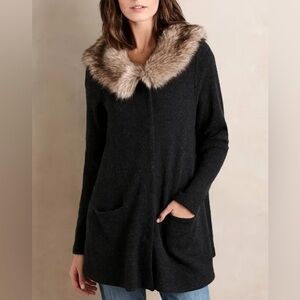 ANTHROPOLOGIE MOTH Gray Knit Fur Collar Sweater Coat Cardigan Small